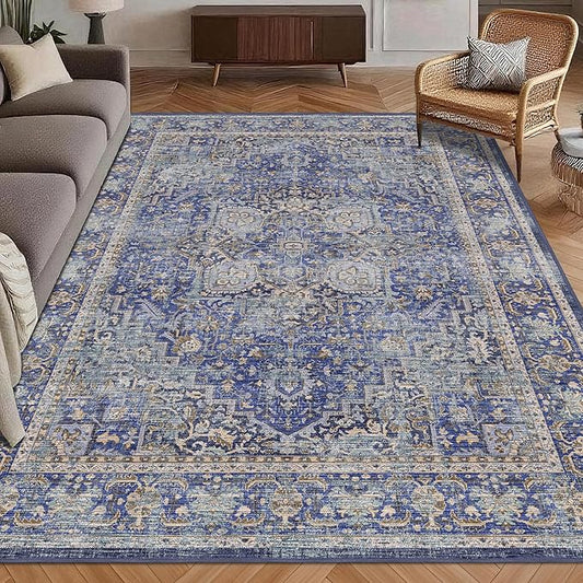 Washable Area Rug 4' x 6' Vintage Traditional Persian Mat - Foldable Distressed Non-Slip Machine Washable Carpet for Living Room Bedroom Kitchen Home Decor - Indigo and Gold