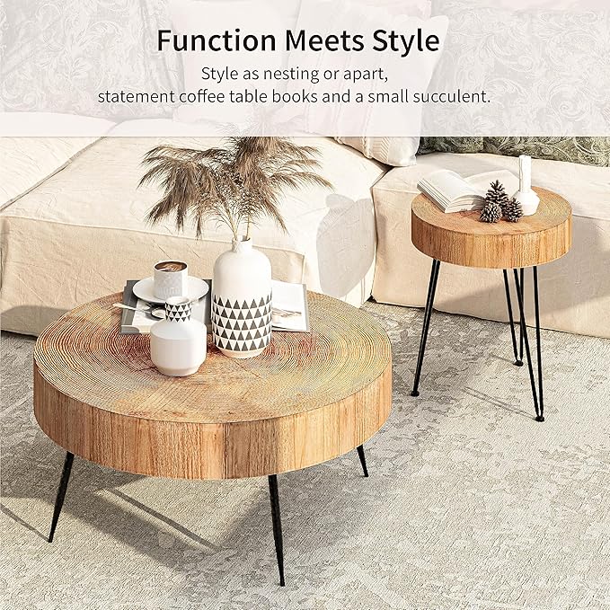 LONYKE 2-Piece Modern Farmhouse Living Room Coffee Table Set, Nesting Table Round Natural Finish with Handcrafted Wood Ring Motif, Light Red + Wood Color