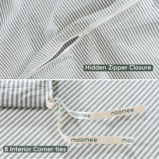 MooMee Striped Duvet Cover Set 100% Washed Cotton Linen Like Textured Breathable Durable Soft Comfy (Heathered Green Pinstripes, Alaska King 132"x120")