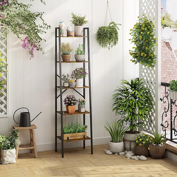 Hoctieon Industrial Ladder Bookshelf, Multifunctional Ladder Shelf, 5-Tier Tall Bookshelf, Open Ladder Shelf Bookcase, for Living Room, Home Office, Kitchen, Bedroom, Metal Frame, Rustic Brown