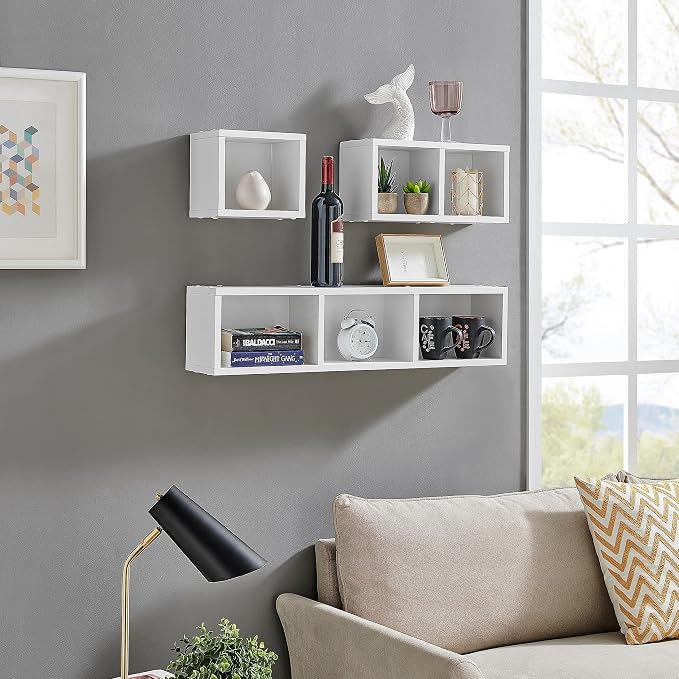 Danya B. Bauhaus Floating Geometric Cubby Wall Shelves - Set of 3 Sizes - White