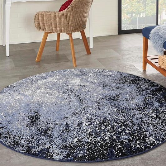 Nourison Home Passion Light Blue Black 4' x Round Area Rug - Easy Clean, Non Shedding, Bed Room, Living Room, Dining Room, Kitchen (4' x Round)