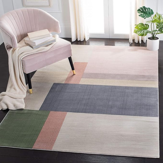 SAFAVIEH Orwell Collection Area Rug - 5'3" Square, Ivory & Charcoal, Mid-Century Modern Abstract Design, Non-Shedding & Easy Care, Ideal for High Traffic Areas in Living Room, Bedroom (ORW300A)
