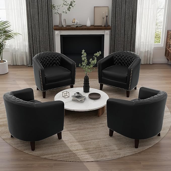 UIXE Faux Leather Barrel Accent Chairs Set of 6, Modern Club Upholstered Arm Chair, Comfy Armchair Nailed Trim Living Room Single Sofa Reading Seat Bedroom Side Sitting for Office, Black