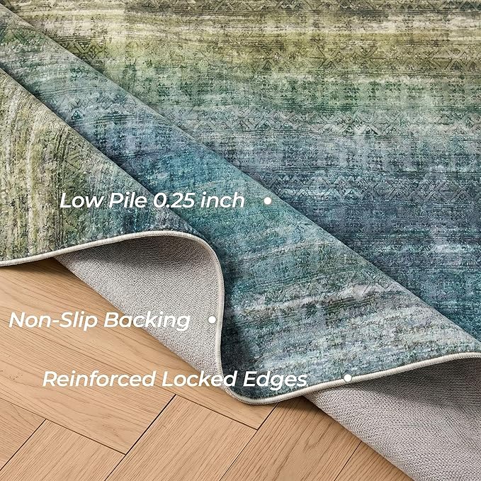 Kokia Abstract Teal Area Rugs 10x14 Bedroom Washable Decor Low Pile Non-Slip Non-Shedding Indoor Carpet Foldable Stain Resistant Floor Living Room Dining Room, Blue and Green