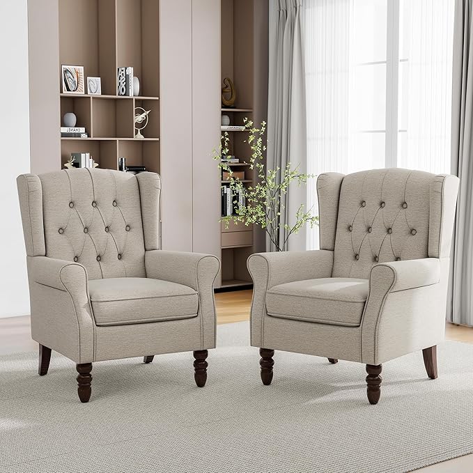 Mid-Century Modern 2-Piece Wingback Chair Set - Plush Upholstered Accent Chairs with Solid Wood Legs, High Back Lounge Seating for Living Room, Bedroom & Office - Retro Matched Pair (Grayish Beige)