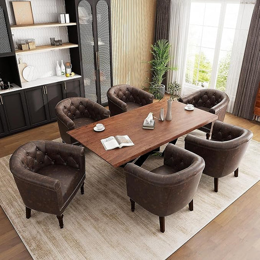 UIXE PU Leather Barrel Club Chairs Set of 6, Modern Arm Accnet Chair Comfy Upholstered Armchair, Nailhead Trim Living Room Single Sofa Reading Seat Bedroom Side Sitting for Office, Chocolate