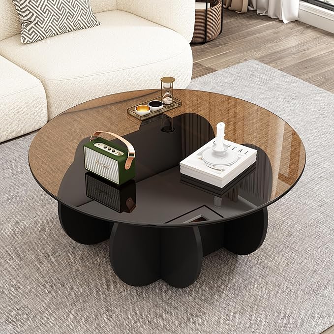 Round Coffee Table, Mid Century Modern Design, 31.5'' Modern Round Tempered Glass Coffee Tables for Living Room, Cocktail Table for Small Space Home Office. (Black + Brown)