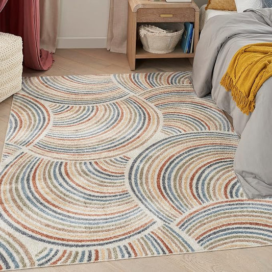 Nourison Astra Machine Washable Mid-Century Modern Ivory/Multi 5'3" x 7' Area Rug, Easy -Cleaning, Non Shedding, Bed Room, Living Room, Dining Room, Kitchen (5x7)