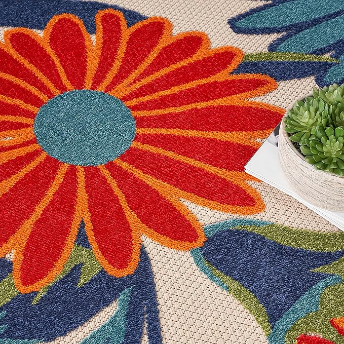 Nourison Home Aloha Multicolor 7'10" x Round Area Rug - Easy Clean, Non Shedding, Bed Room, Living Room, Dining Room, Kitchen (8' x Round)