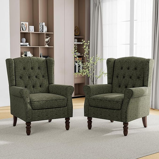 Mid-Century Modern 2-Piece Wingback Chair Set - Plush Upholstered Accent Chairs with Solid Wood Legs, High Back Lounge Seating for Living Room, Bedroom & Office - Retro Matched Pair (Dark Green)