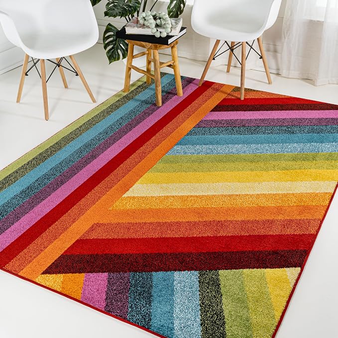 JONATHAN Y Retro Rainbow Stripe Multi Indoor Area Rug 8x10, Contemporary, Casual, Coastal, Easy-Cleaning for Living Room, Bedroom, Kitchen, Pet Friendly, Non-Shedding (DZC102A-8)