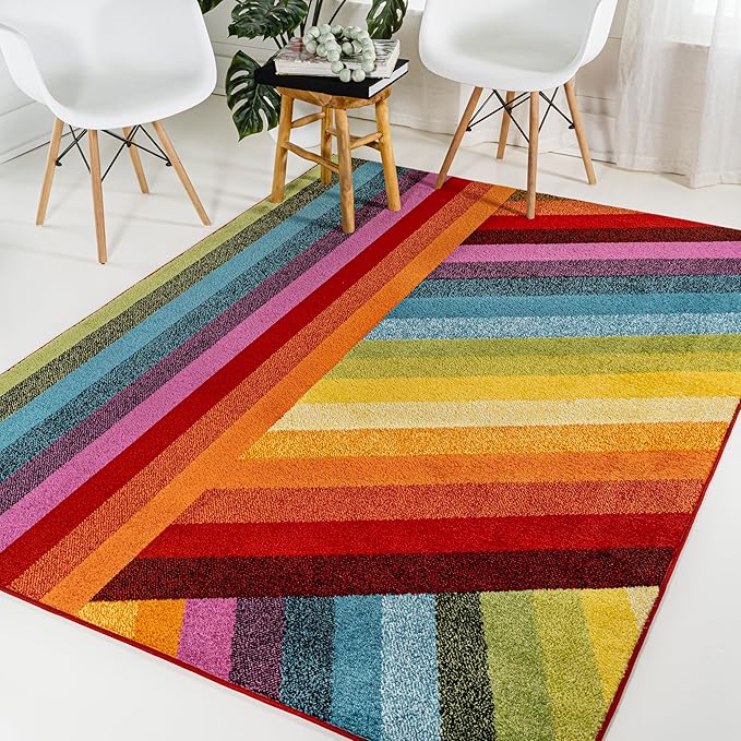 JONATHAN Y Retro Rainbow Stripe Multi Indoor Area Rug 3x5, Contemporary, Casual, Coastal, Easy-Cleaning for Living Room, Bedroom, Kitchen, Pet Friendly, Non-Shedding (DZC102A-3)
