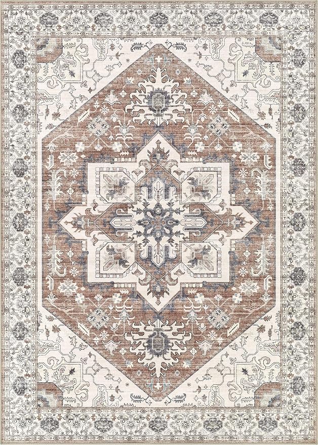 Area Rug 7x9 for Living Room - Washable Oriental Vintage Floral Distressed Large Indoor Carpets with Non Slip Back for Bedroom Dining Room Nursery Office Home Decor -Terracotta/Brown