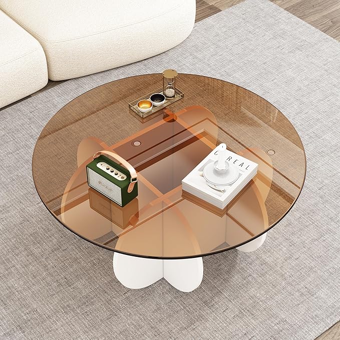Glass Coffee Table, Mid Century Modern Design, 31.5'' Modern Round Tempered Glass Coffee Tables for Living Room, Cocktail Table for Small Space Home Office. (White + Brown)