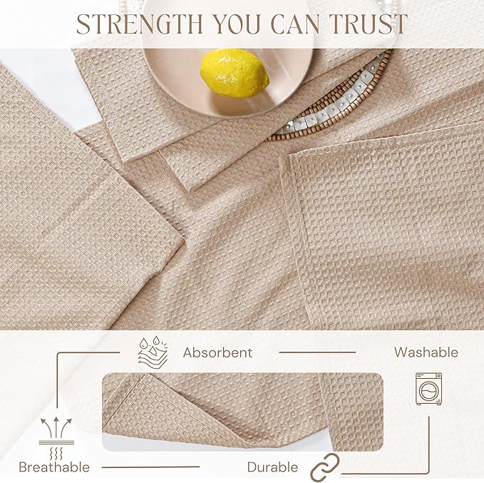 Beige Waffle Kitchen Dish Towels, 100% Cotton, Quick Dry, Super Absorbent, Soft, Lint-Free, 16x26 Inches - Ideal for Dish Drying, Bar, Tea, Cleaning, and Everyday Use, 12 Pack, Tan