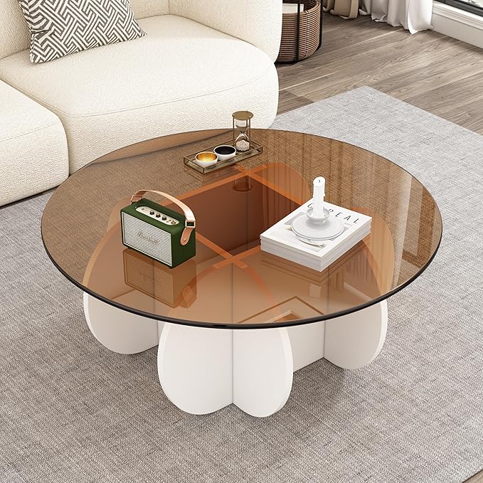 Glass Coffee Table, Mid Century Modern Design, 31.5'' Modern Round Tempered Glass Coffee Tables for Living Room, Cocktail Table for Small Space Home Office. (White + Brown)