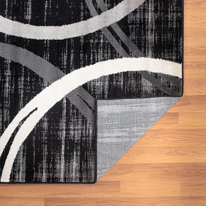 Rugshop Modern Wavy Circles Design Round Rug, Non-Shedding Carpet for Living Room, Dining Room, or Breakfast Nook, Black, 6'6" Round