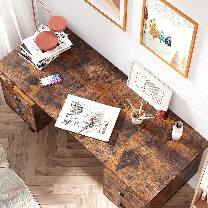 Computer Desk for Home Office with 4 Large Drawers, Rustic Wood Writing Study Table with Metal Frame, 59” x 21.7” x 29.5”, Easy Assembly, Vintage CTSZ20401RC