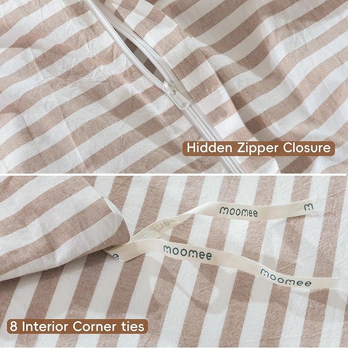 MooMee Striped Duvet Cover Set 100% Washed Cotton Linen Like Textured Breathable Durable Soft Comfy (Orange Classic Stripes, Twin 68"x90")