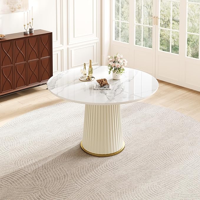 43" Round Dining Table for 2 4 5, Modern Sintered Stone Top Wood Circle Kitchen Table with PU Leather Iron Pedestal for Dining Room Kitchen, Dinner Living Room, Restaurant White