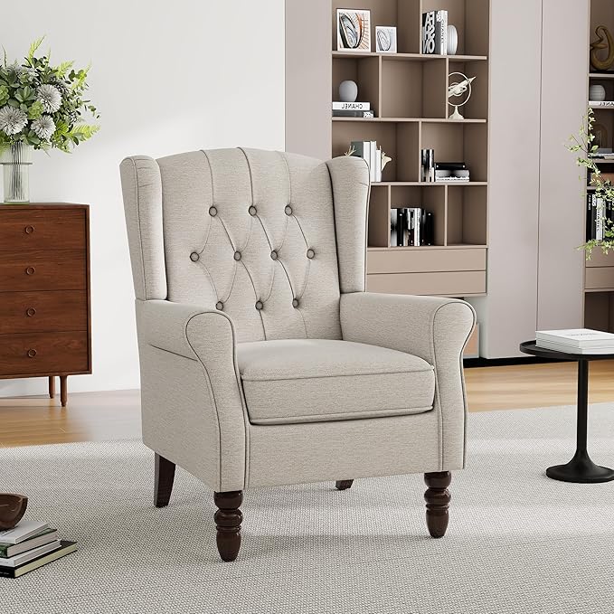 Mid-Century Modern 2-Piece Wingback Chair Set - Plush Upholstered Accent Chairs with Solid Wood Legs, High Back Lounge Seating for Living Room, Bedroom & Office - Retro Matched Pair (Grayish Beige)