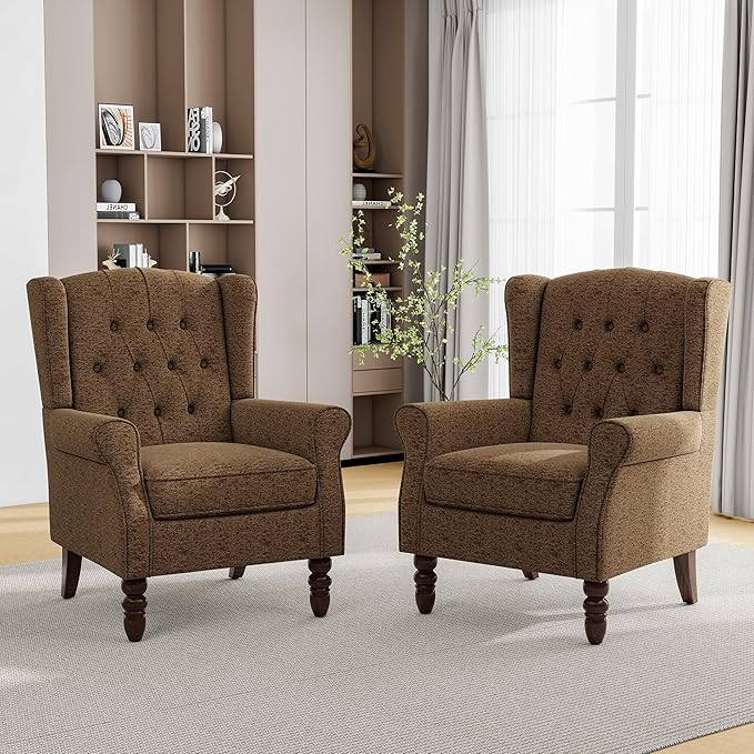Mid-Century Modern Wingback Chair - Plush Upholstered Accent Armchair with Solid Oak Legs, Ergonomic High Back Lounge Chair for Living Room, Bedroom & Office - Retro Modern Reading Chair Creamy Brown