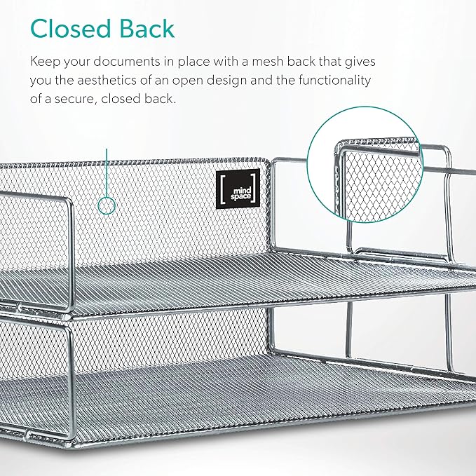 Mindspace 2 Tier Stackable Letter Tray | Paper Tray Desk Organizer | The Mesh Collection, Silver
