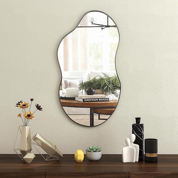 SHYFOY Irregular Decorative Wall Mirror, 20"x36" Black Asymmetrical Mirrors with Metal Frame for Wall Decor, Wavy Wall Mirror for Living Room Abstract Mirror